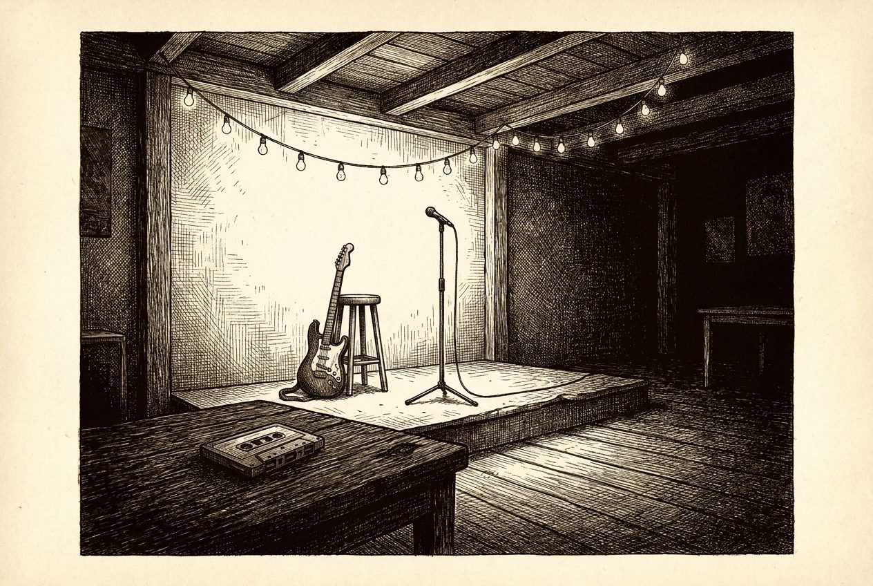 Engraving of a small indie club stage with a cassette tape