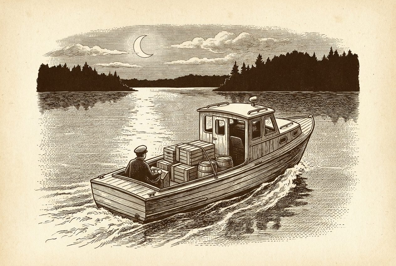 Engraving of a Prohibition rum-runner's boat at night