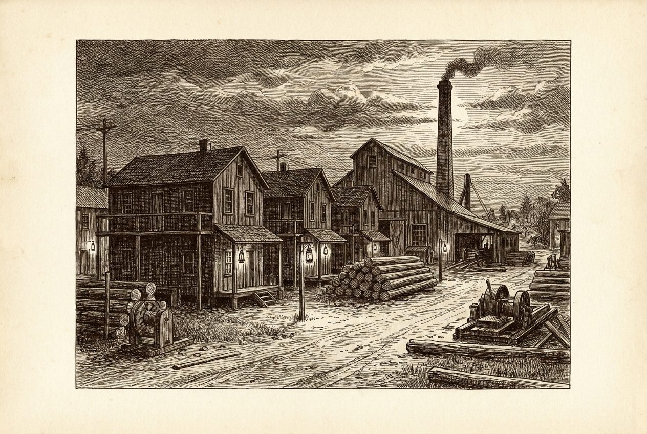 Engraving of a quiet lamplit mill town at night