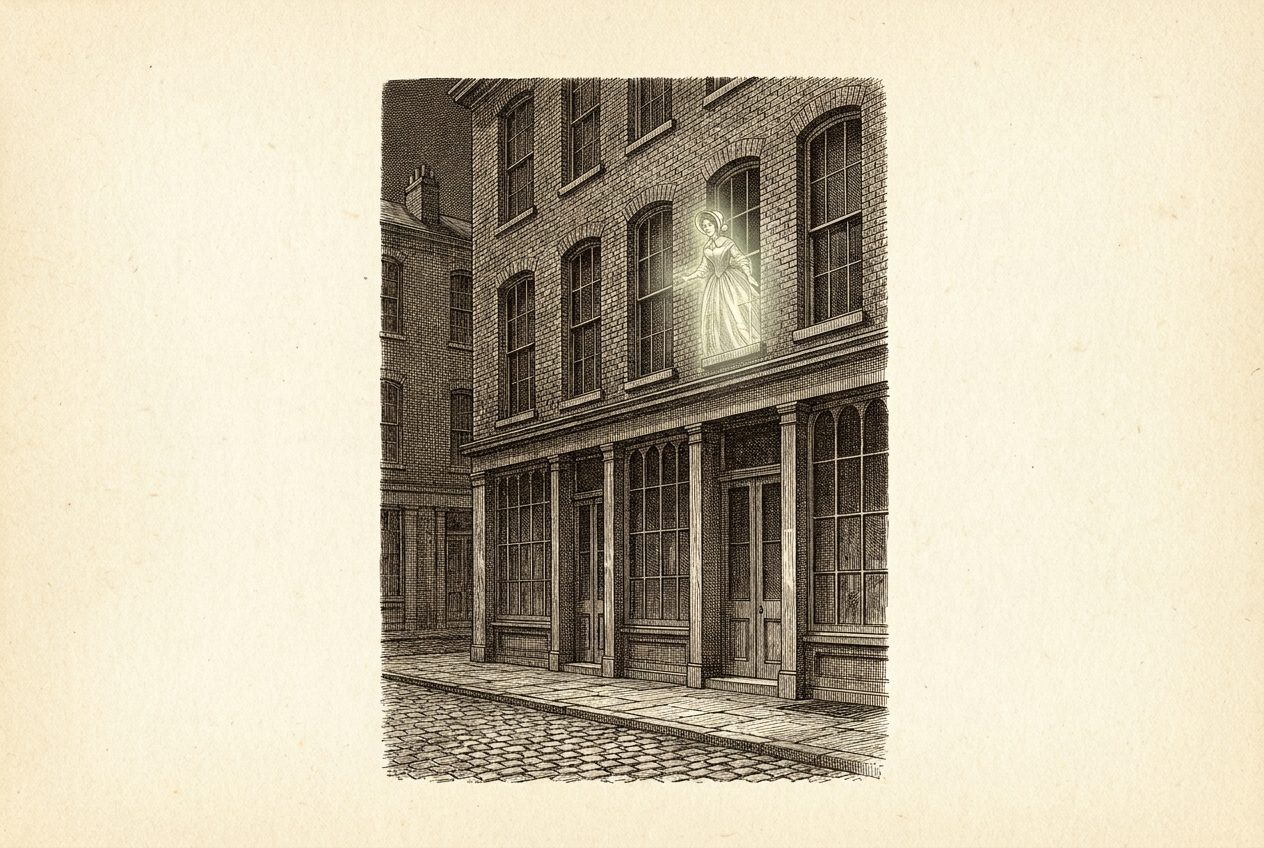 An engraving of a moonlit Victorian building with a ghostly figure in a window