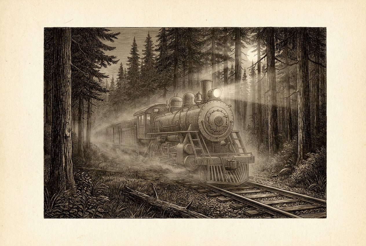 An engraving of a ghostly train on overgrown forest tracks