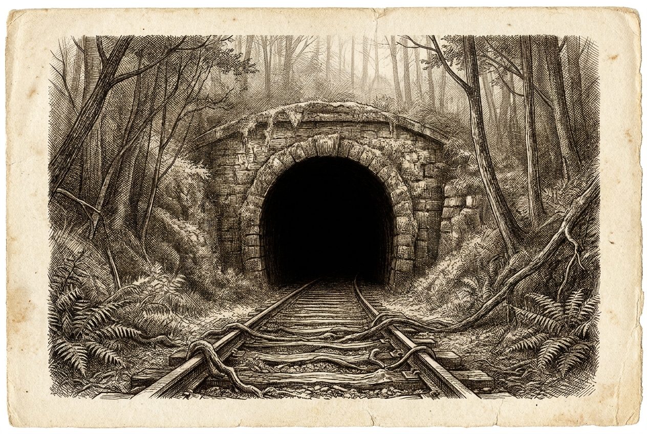 An engraving of a dark abandoned railway tunnel in the forest