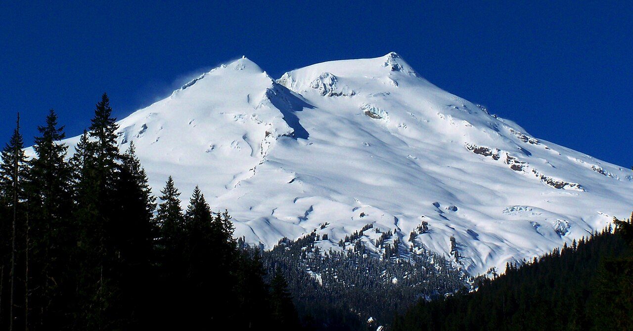 Snow-covered Mount Baker seen from Boulder Creek