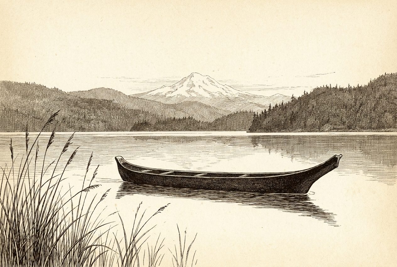 Engraving of a Coast Salish cedar canoe on Bellingham Bay