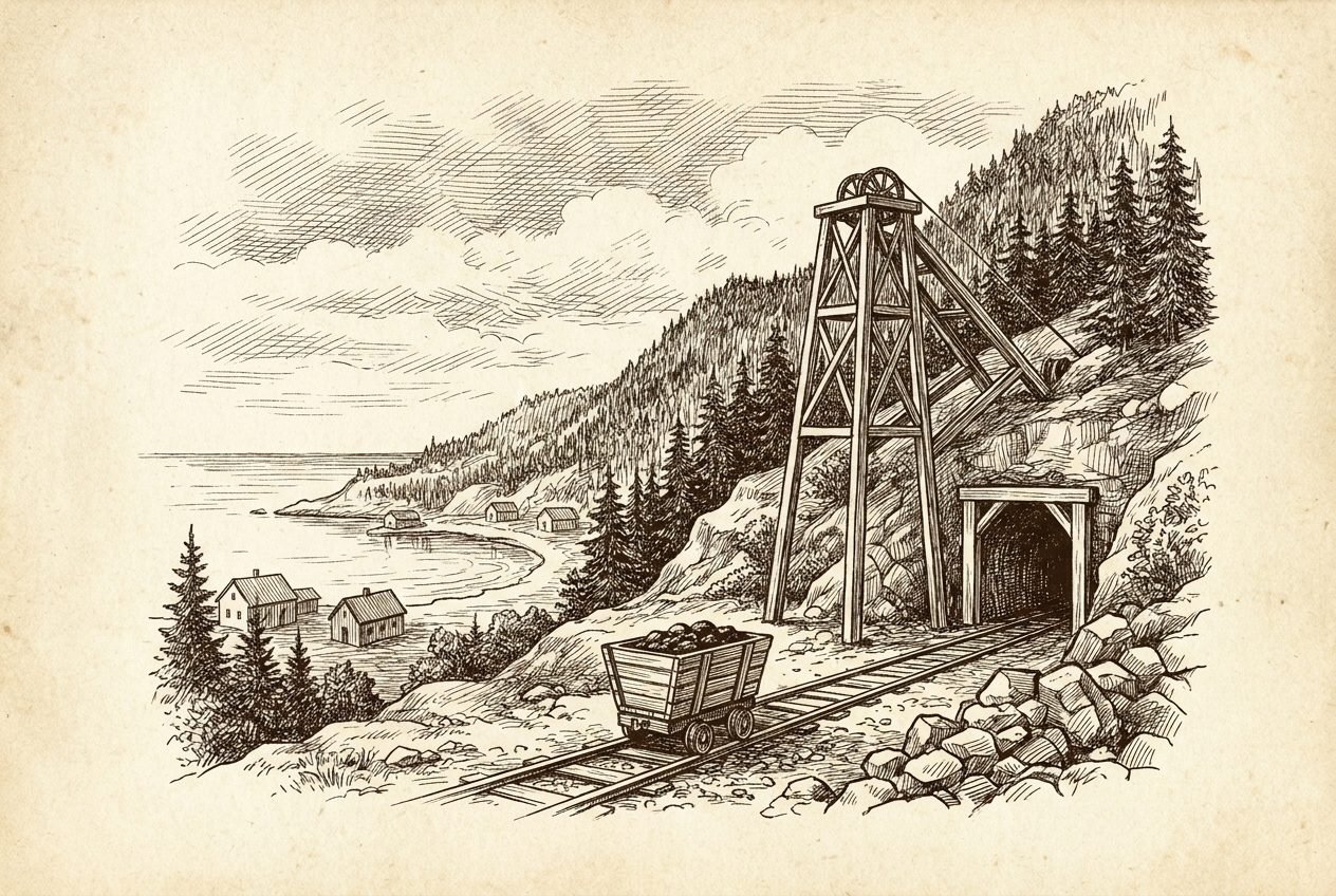 Engraving of an early frontier coal mine above Bellingham Bay