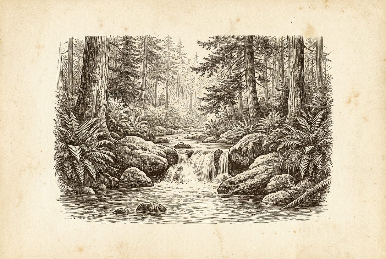 A quiet engraving of Whatcom Creek and its waterfall
