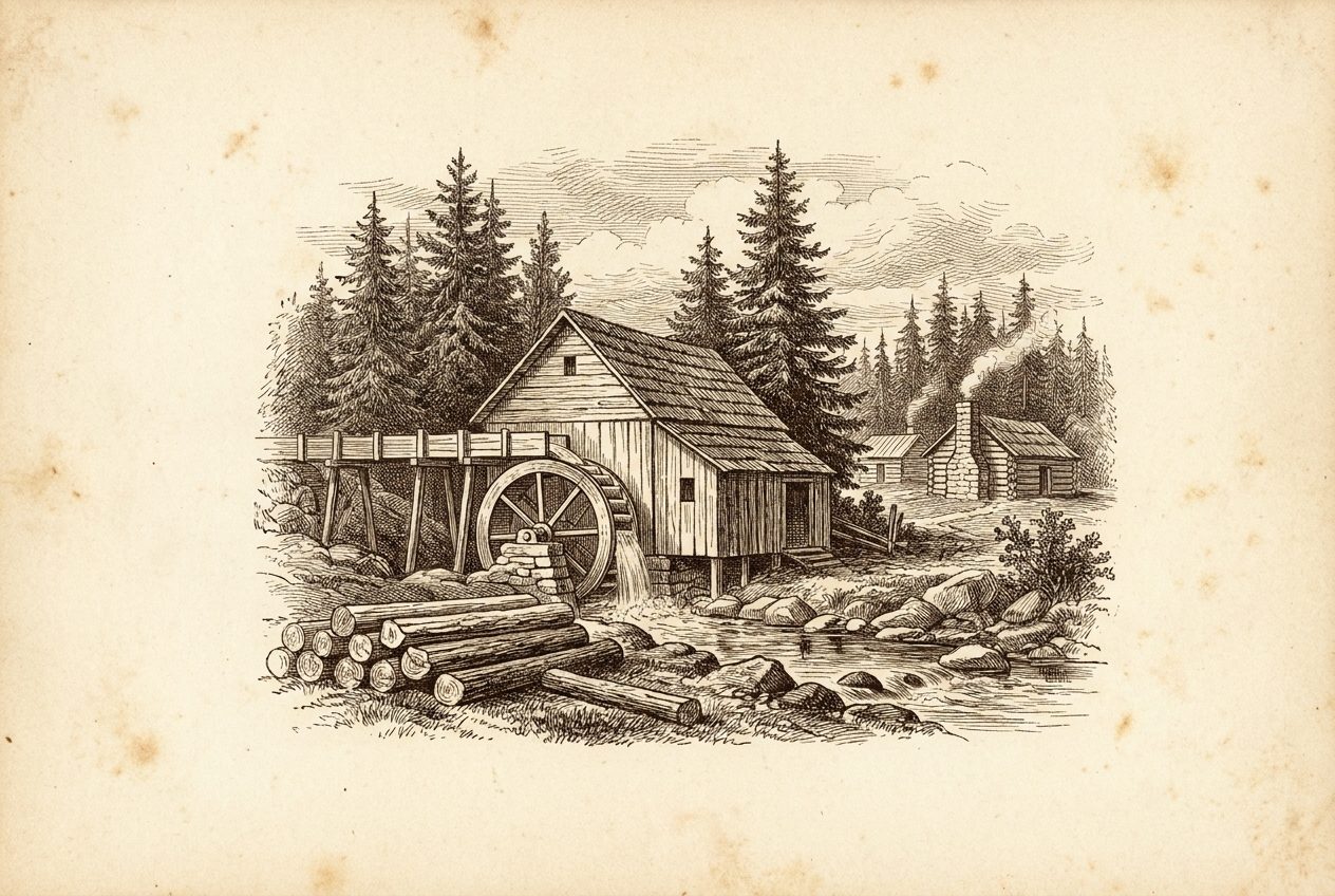 Engraving of an 1850s water-powered sawmill on Whatcom Creek