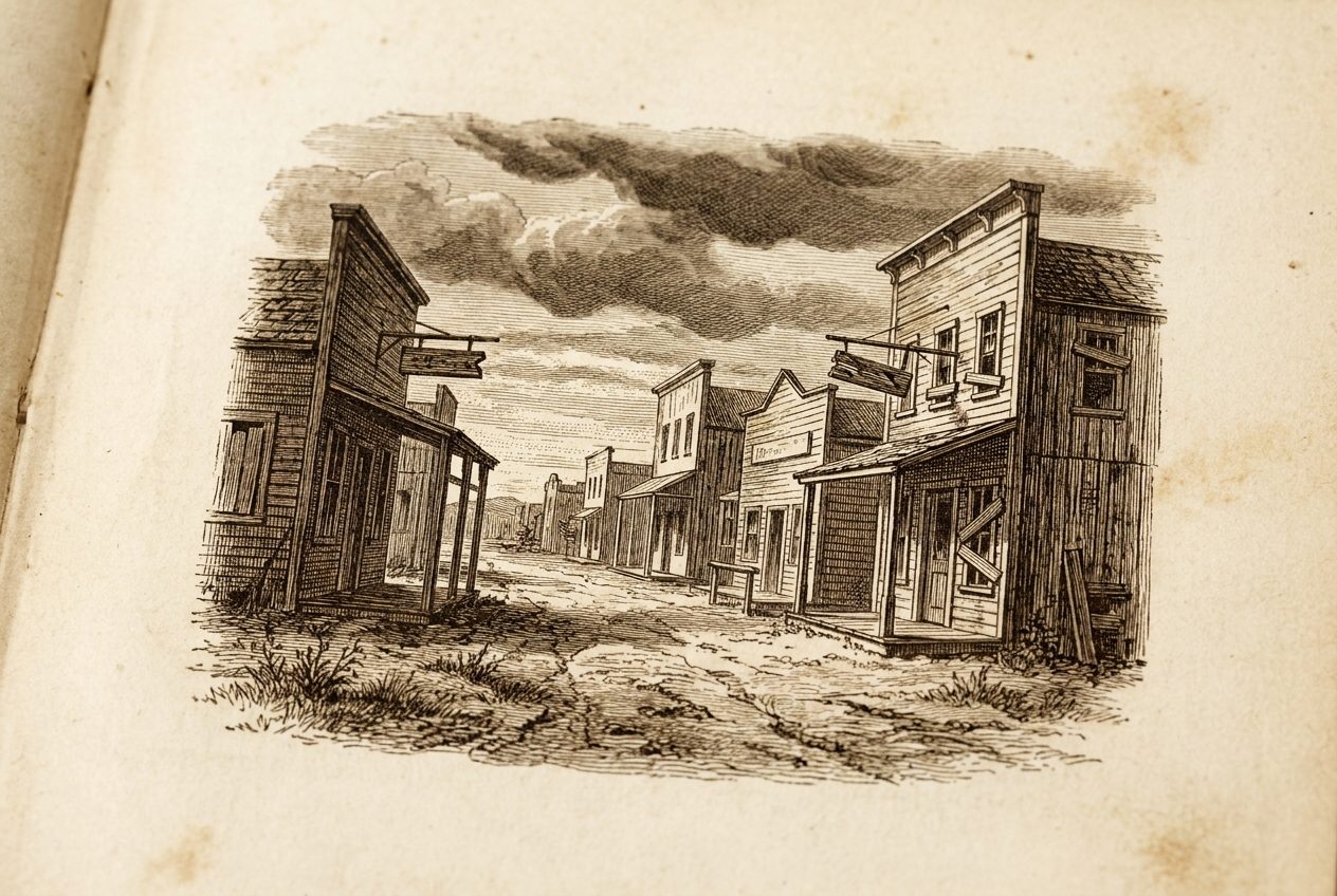 Engraving of a deserted frontier boomtown street during the Panic of 1893