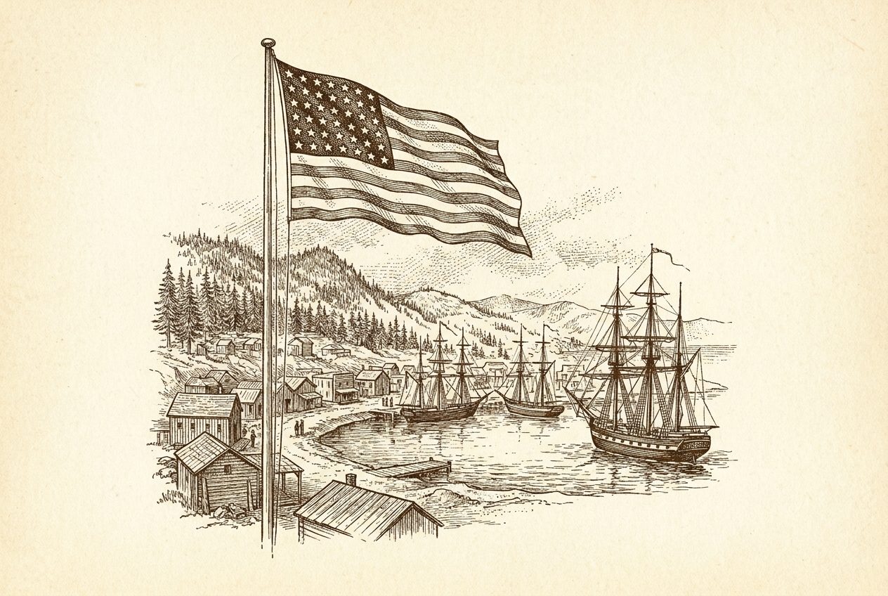 Engraving of an American flag over a frontier Pacific Northwest harbor town