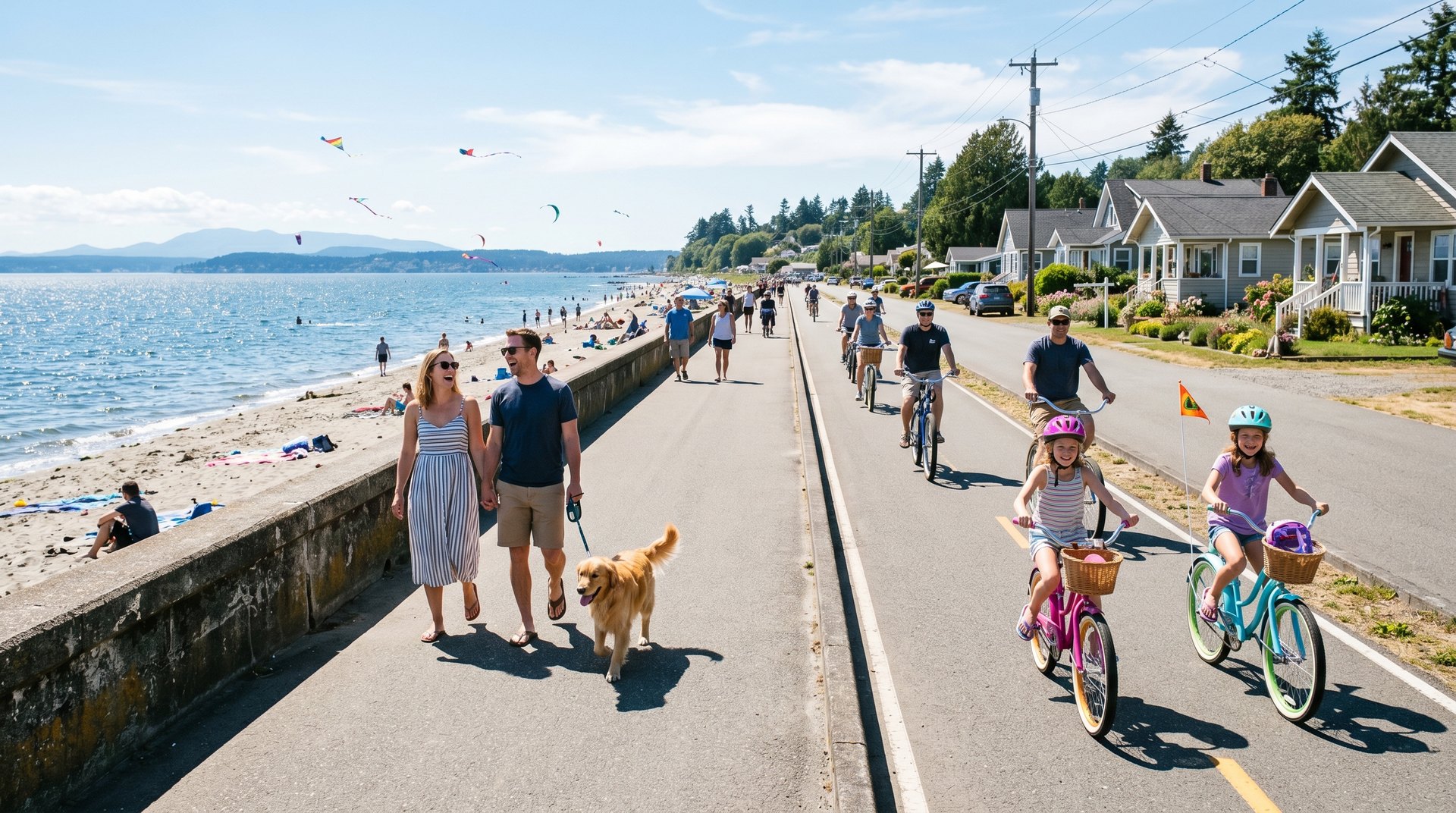Families walking and biking the Birch Bay Drive seawall path on a sunny summer day