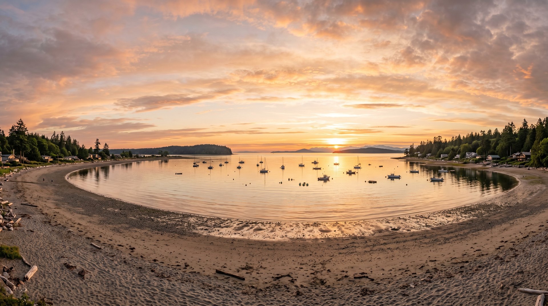 Birch Bay's curving four-mile shoreline at golden-hour sunset over the Strait of Georgia