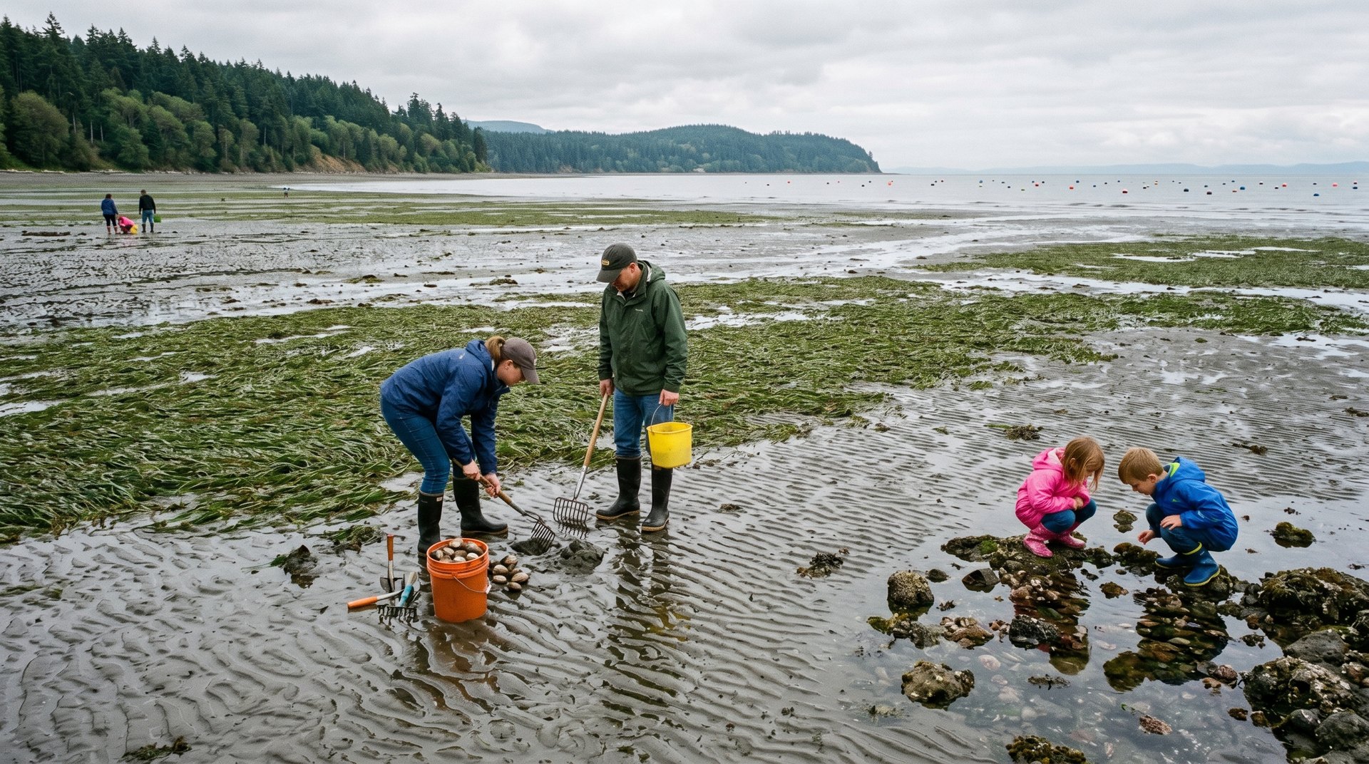People digging clams on the half-mile tidal flats at Birch Bay's extreme low tide