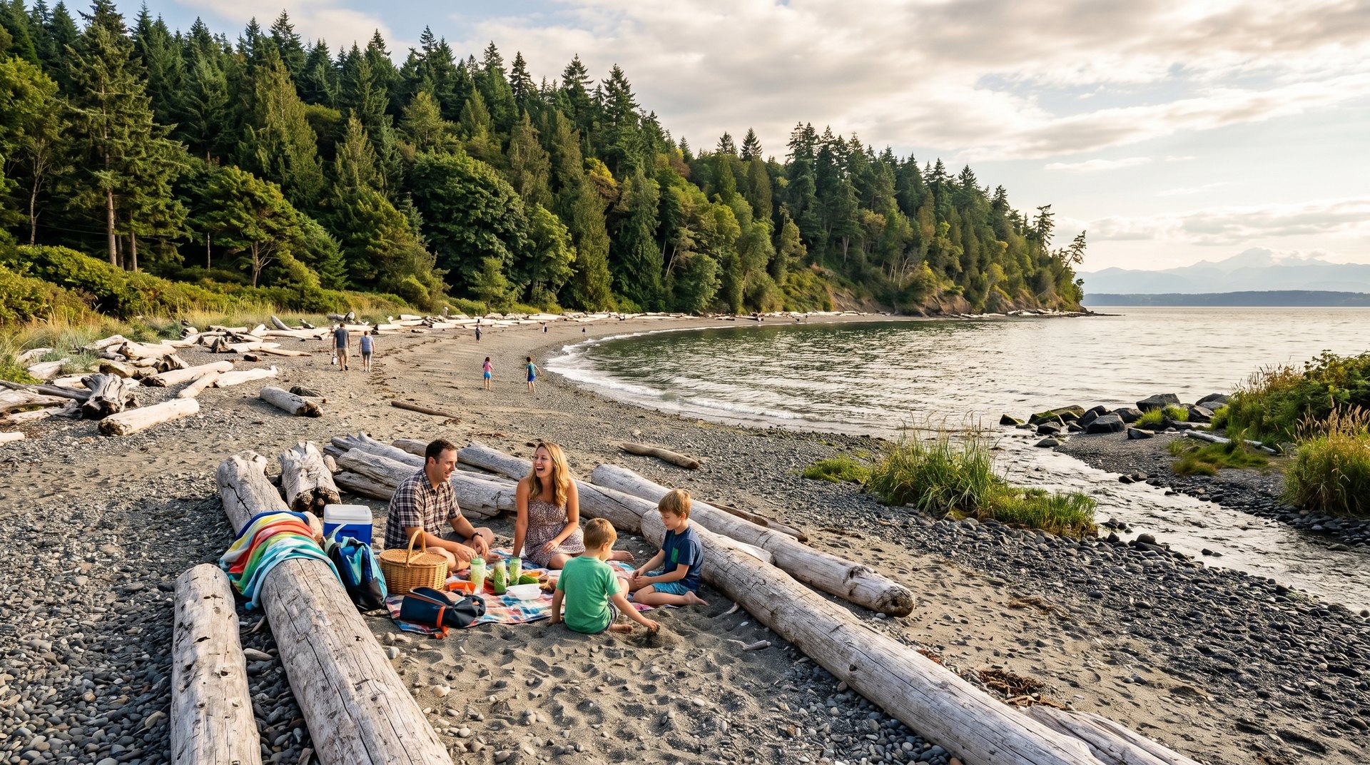 Driftwood logs and a family picnicking on the wide beach at Birch Bay State Park