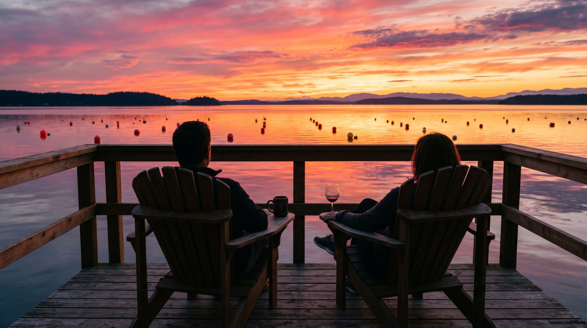 Two people in Adirondack chairs watching sunset over the Strait of Georgia from a Birch Bay deck