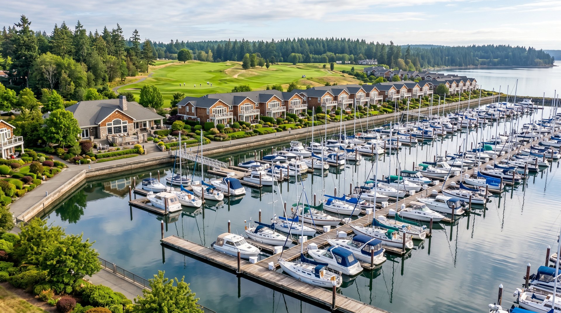 The private marina at Birch Bay Village with moored boats and waterfront townhomes