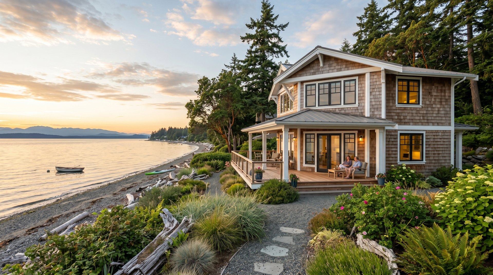A two-story Pacific Northwest waterfront home with a deep deck facing Birch Bay