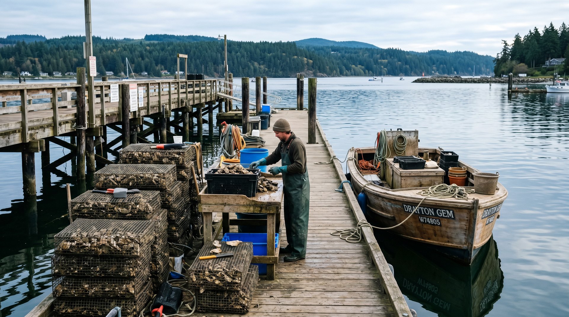 Commercial oyster dock on Drayton Harbor with a worker sorting oysters, stacked mesh cages, and a small shellfish boat alongside