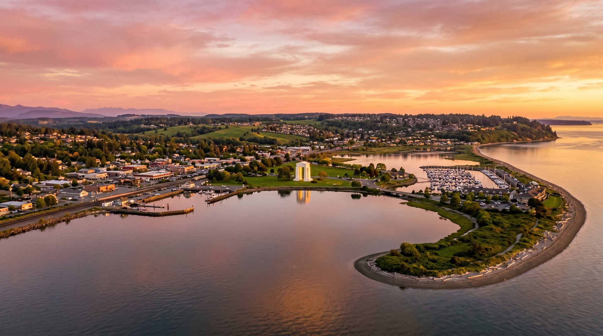 Golden-hour aerial vista of Blaine WA showing the Peace Arch monument on the US-Canada border with Drayton Harbor and Semiahmoo Spit in the foreground