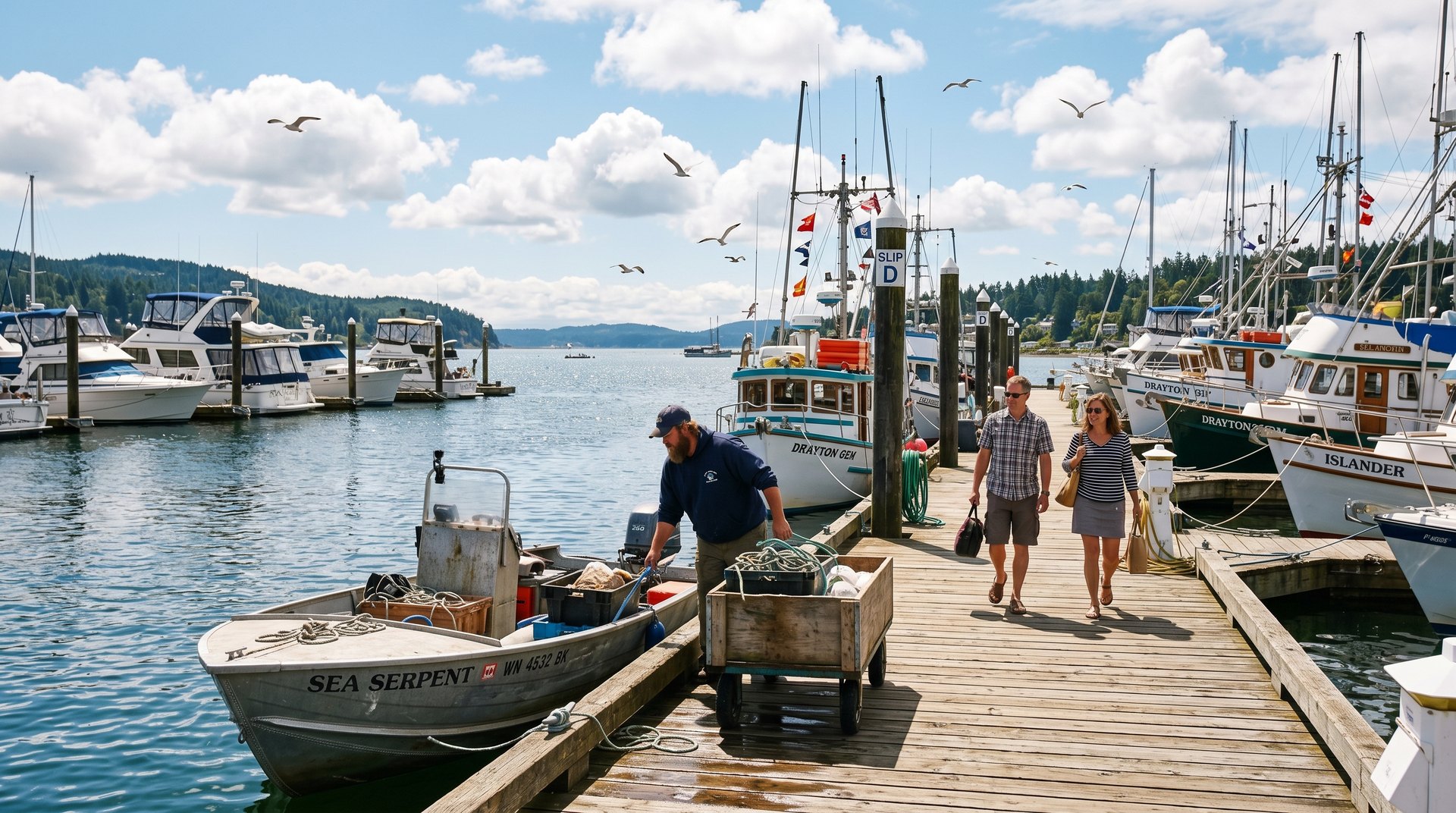 Busy midday summer scene at Blaine Harbor marina with fishing boats, a couple on the dock, and Drayton Harbor in the background