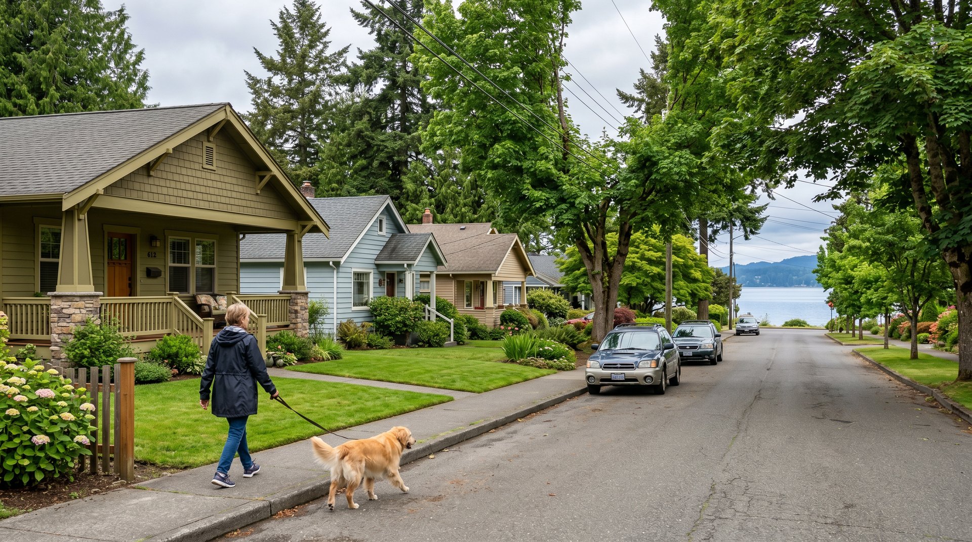 Quiet residential street near Marine Drive in Blaine WA with craftsman bungalows, mature trees, and a glimpse of Drayton Harbor at the end of the block