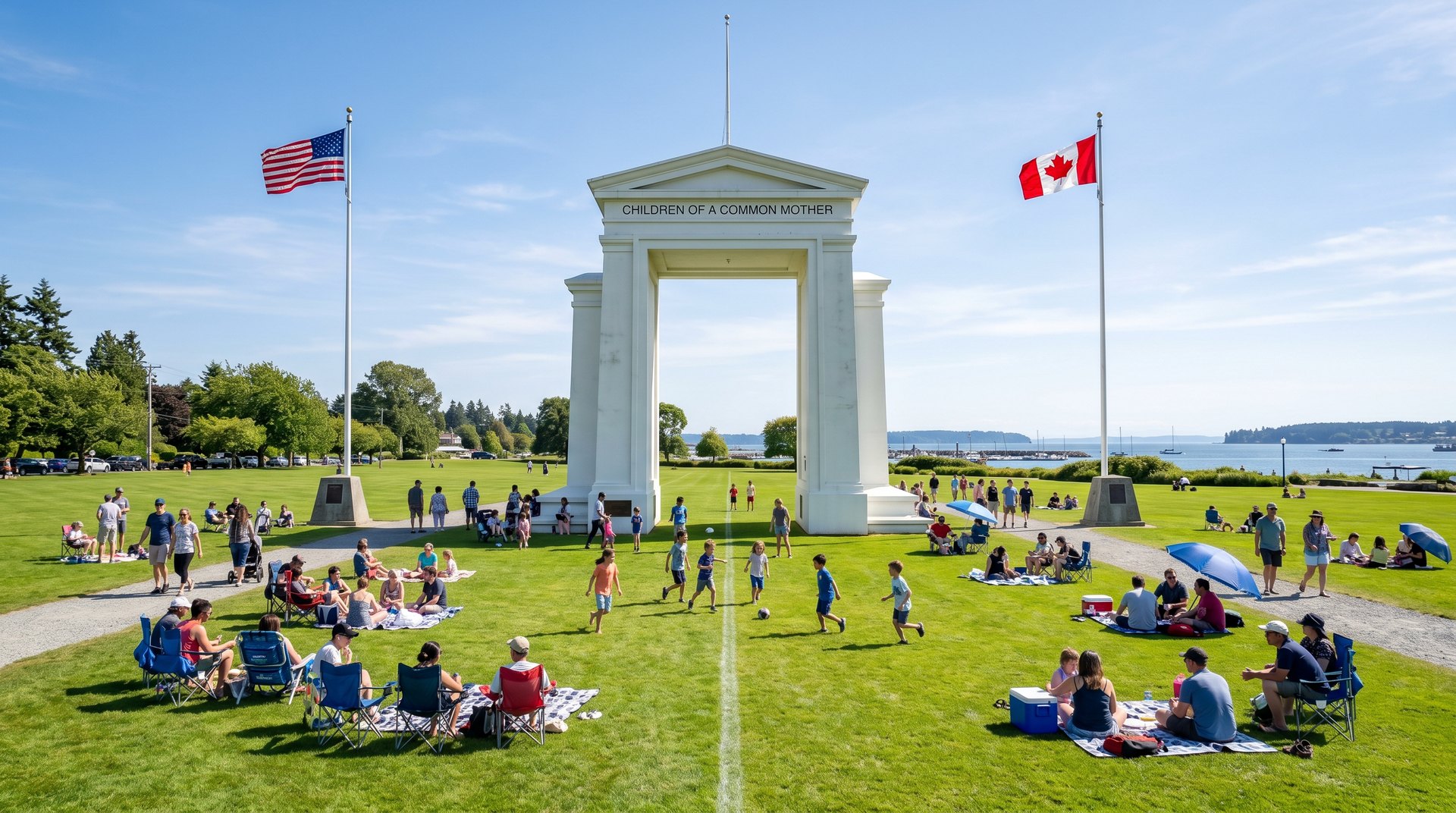 Families picnicking on the lawn at Peace Arch State Park with the white Peace Arch monument spanning the US-Canada border under blue sky