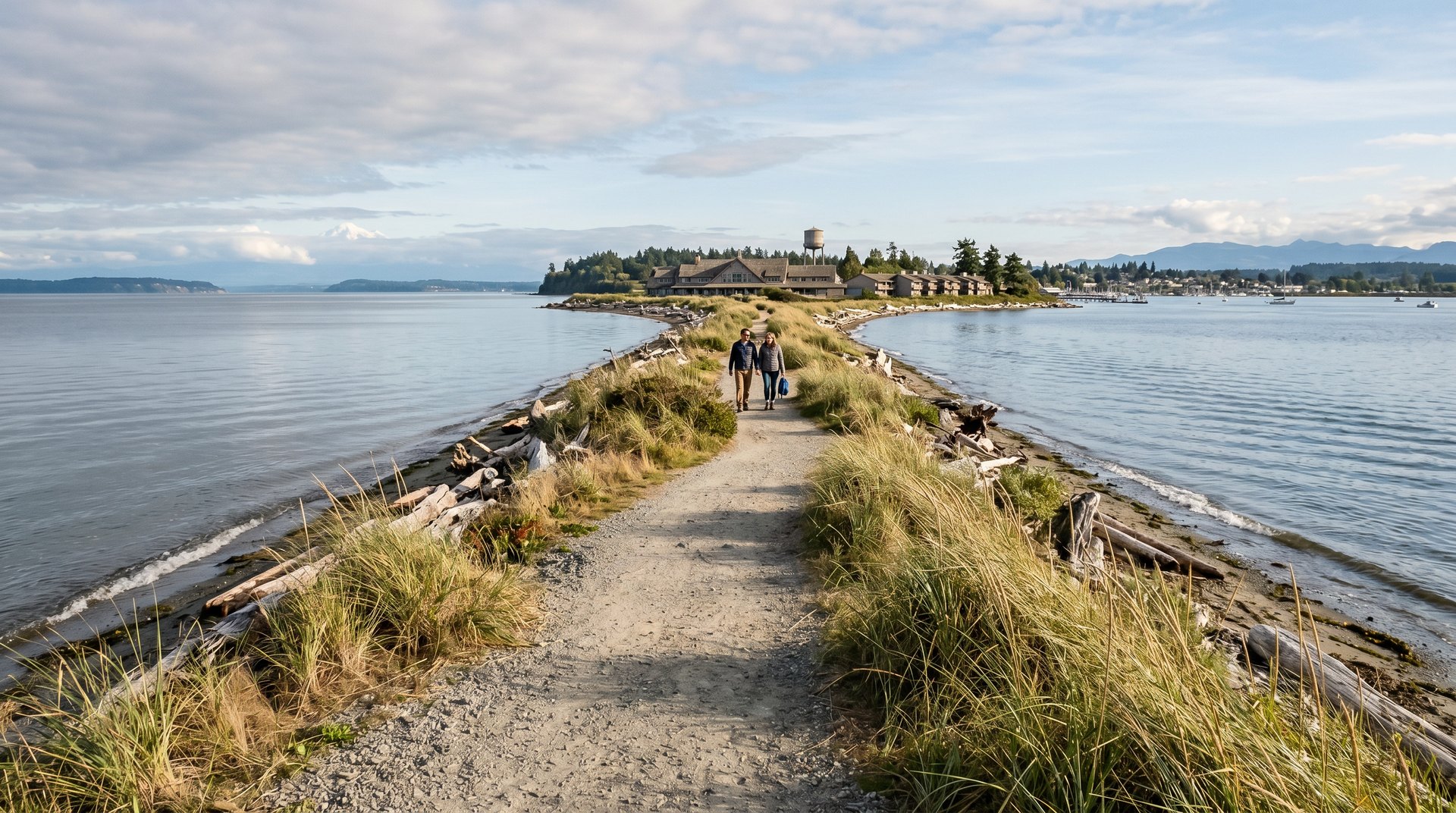Ground-level view along Semiahmoo Spit with bay water on both sides, Semiahmoo Resort at the far end, and a couple walking the path