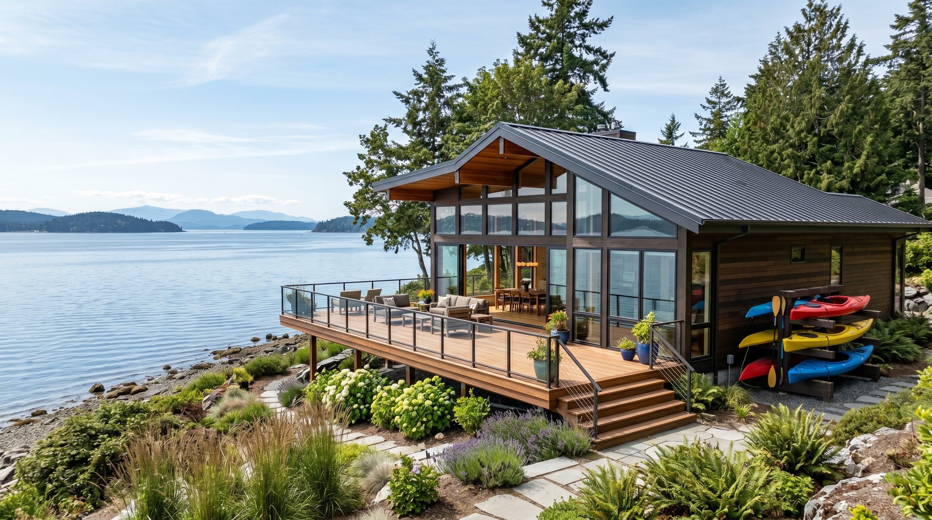 Contemporary waterfront home on Semiahmoo peninsula with cedar-and-glass exterior, deck overlooking Drayton Harbor, and Gulf Islands visible in the background