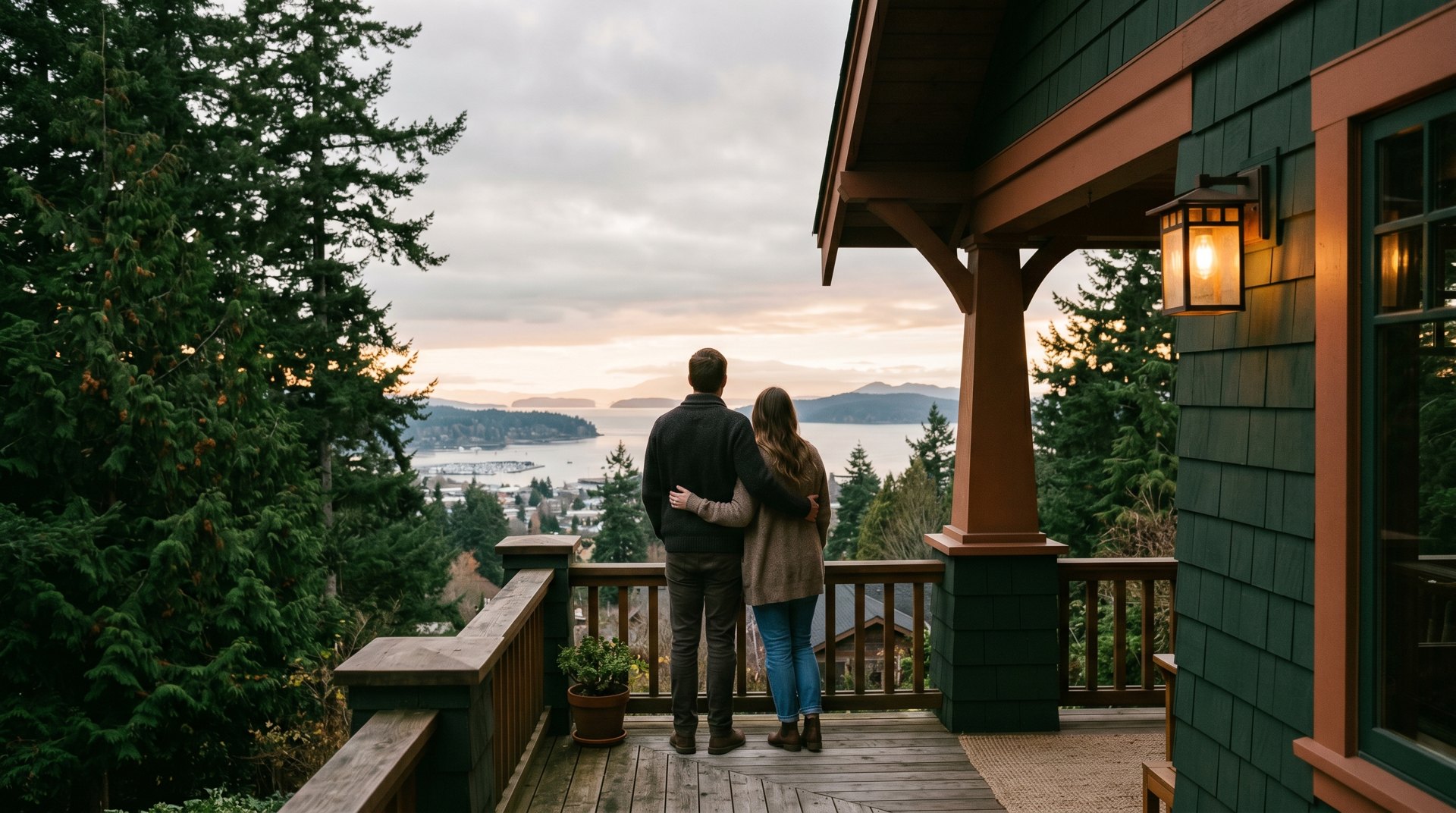 Couple on the porch of a craftsman home looking over Bellingham Bay at golden hour
