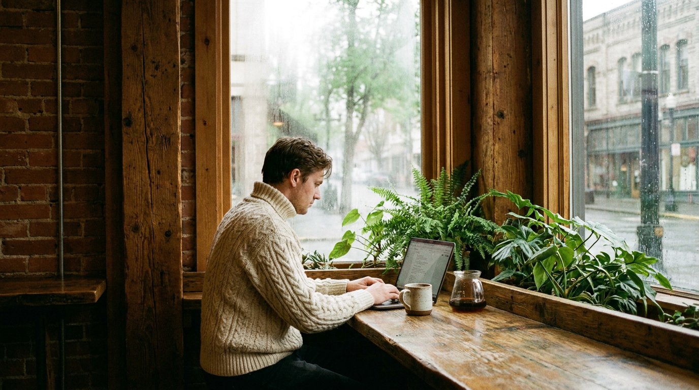 Pacific Northwest specialty coffee shop in Bellingham with a person working at a window seat
