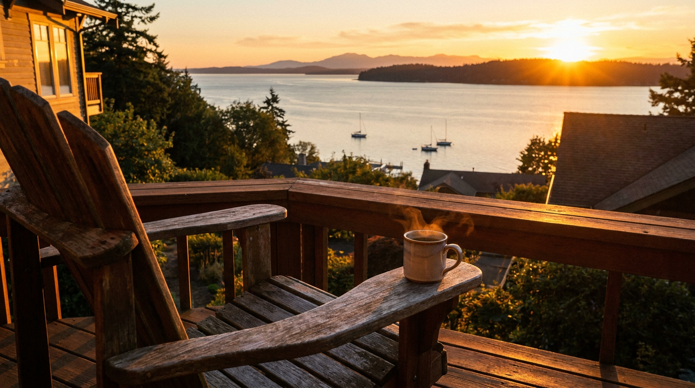View from a Bellingham hillside home deck overlooking the bay and <a href=