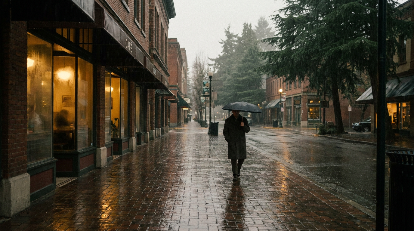 November afternoon in downtown Bellingham — wet brick sidewalks and warm cafe light
