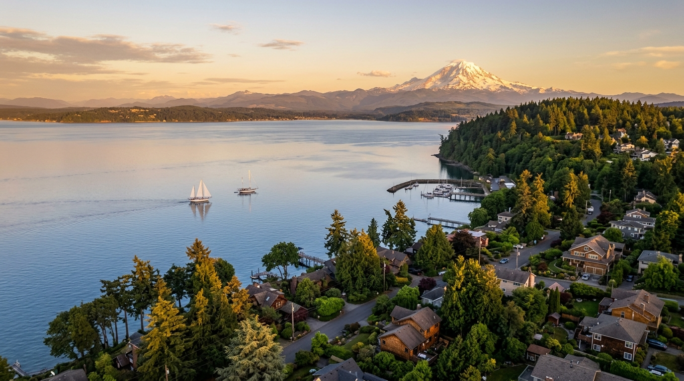 Bellingham Bay at golden hour with Mount Baker in the distance