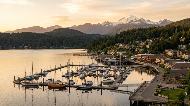 Bellingham Bay waterfront and marina at golden hour