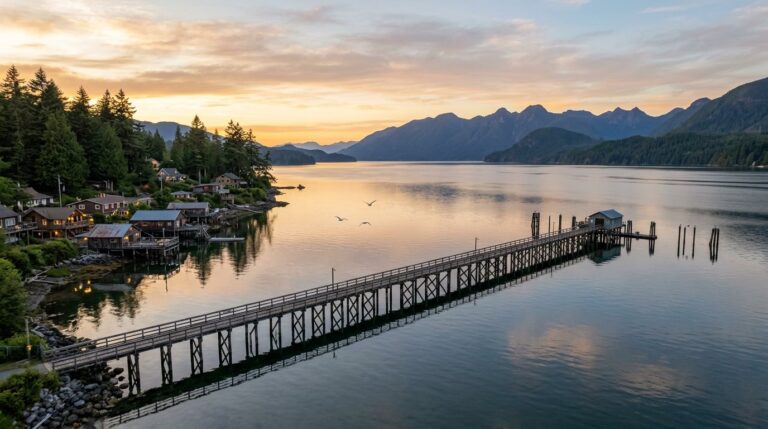 Calm seaside bay and pier at sunset near Blaine