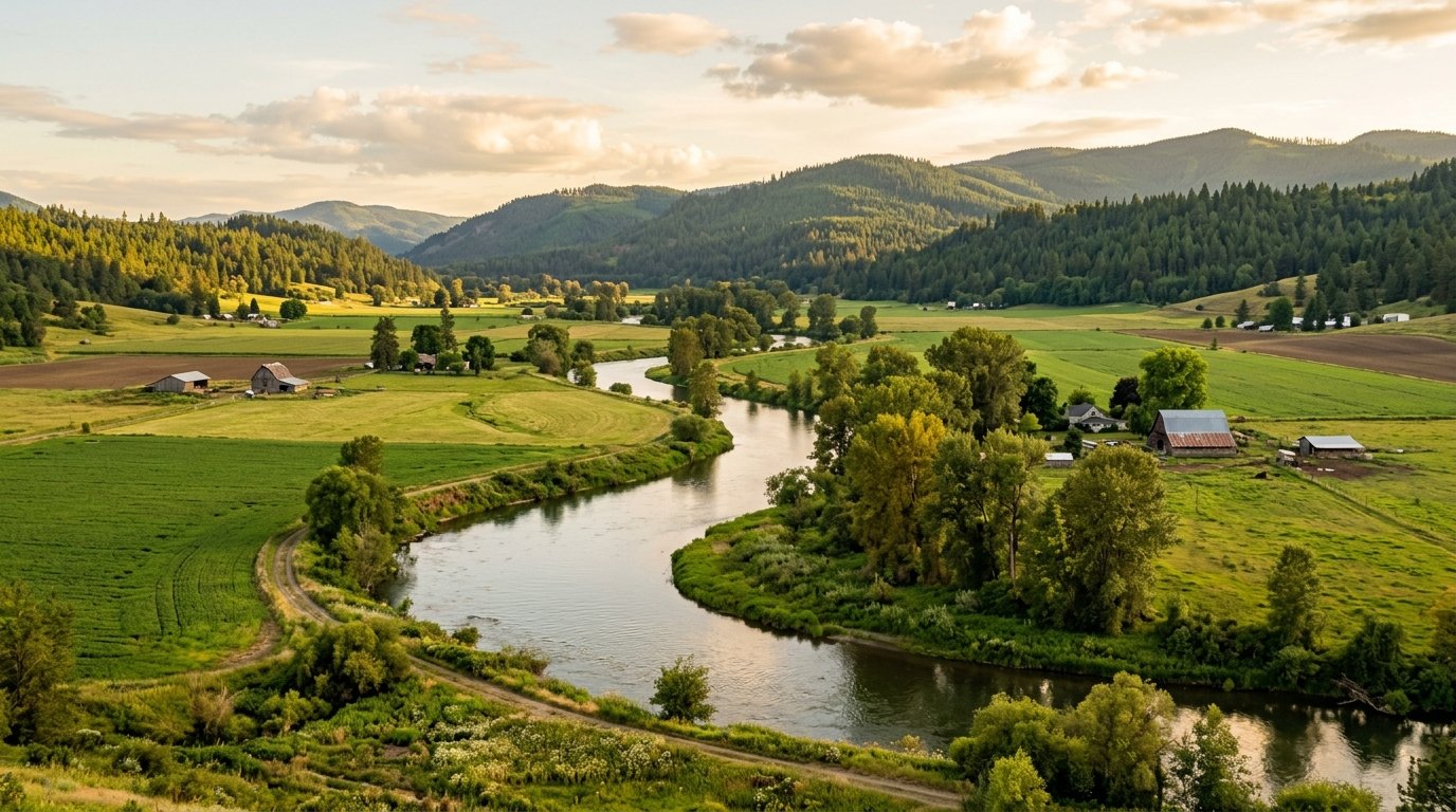 River winding through a green agricultural valley near Everson