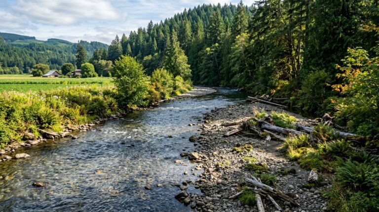 Clear river past forest and farmland, Nooksack feel