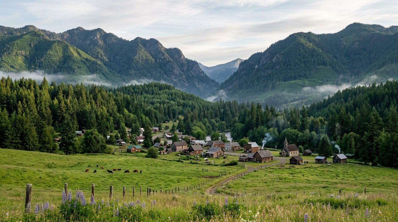 Small town at the foot of forested foothills near the border