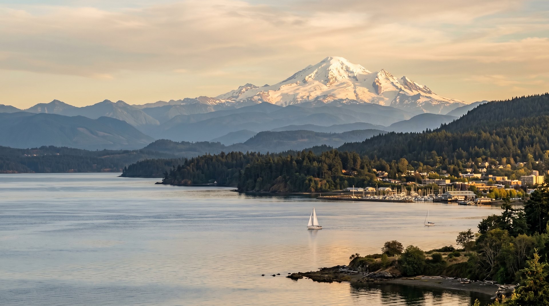 Mount Baker rising over Bellingham Bay at golden hour with sailboats on the saltwater