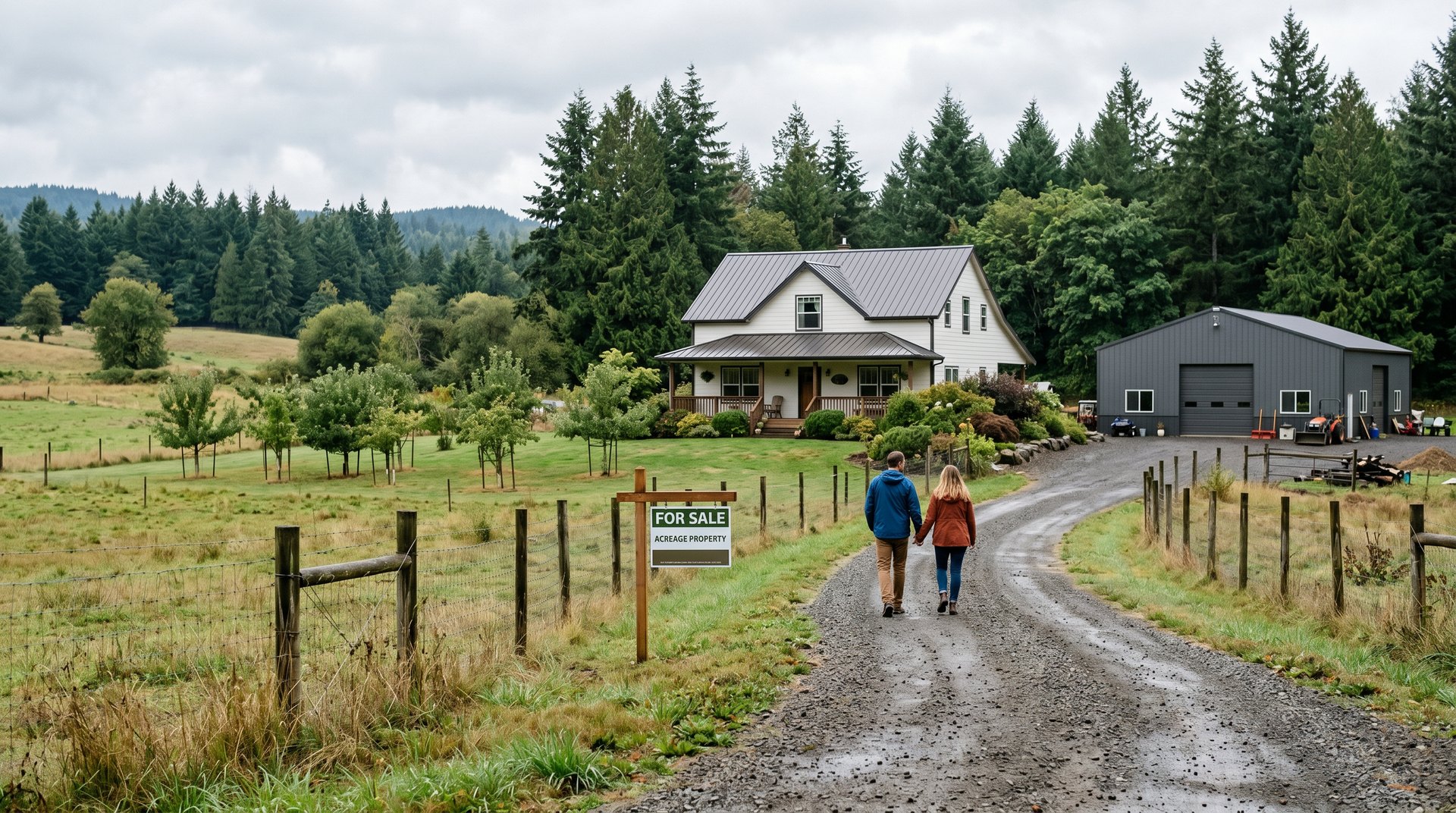 Couple walking a gravel driveway toward a rural farmhouse and shop on Custer WA acreage