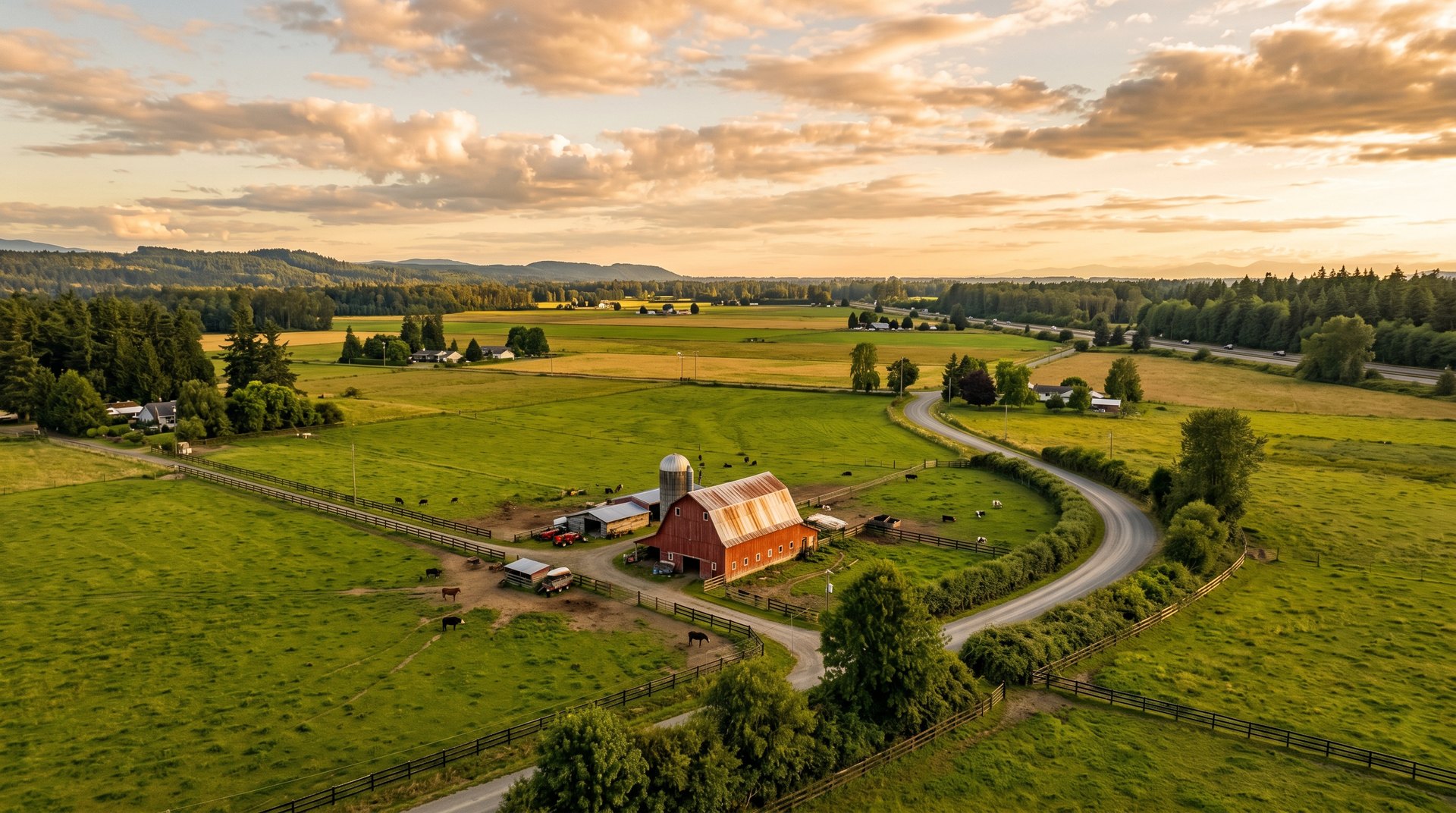 Golden-hour vista of Custer WA farmland with red barn, pastures, and open sky along the I-5 corridor