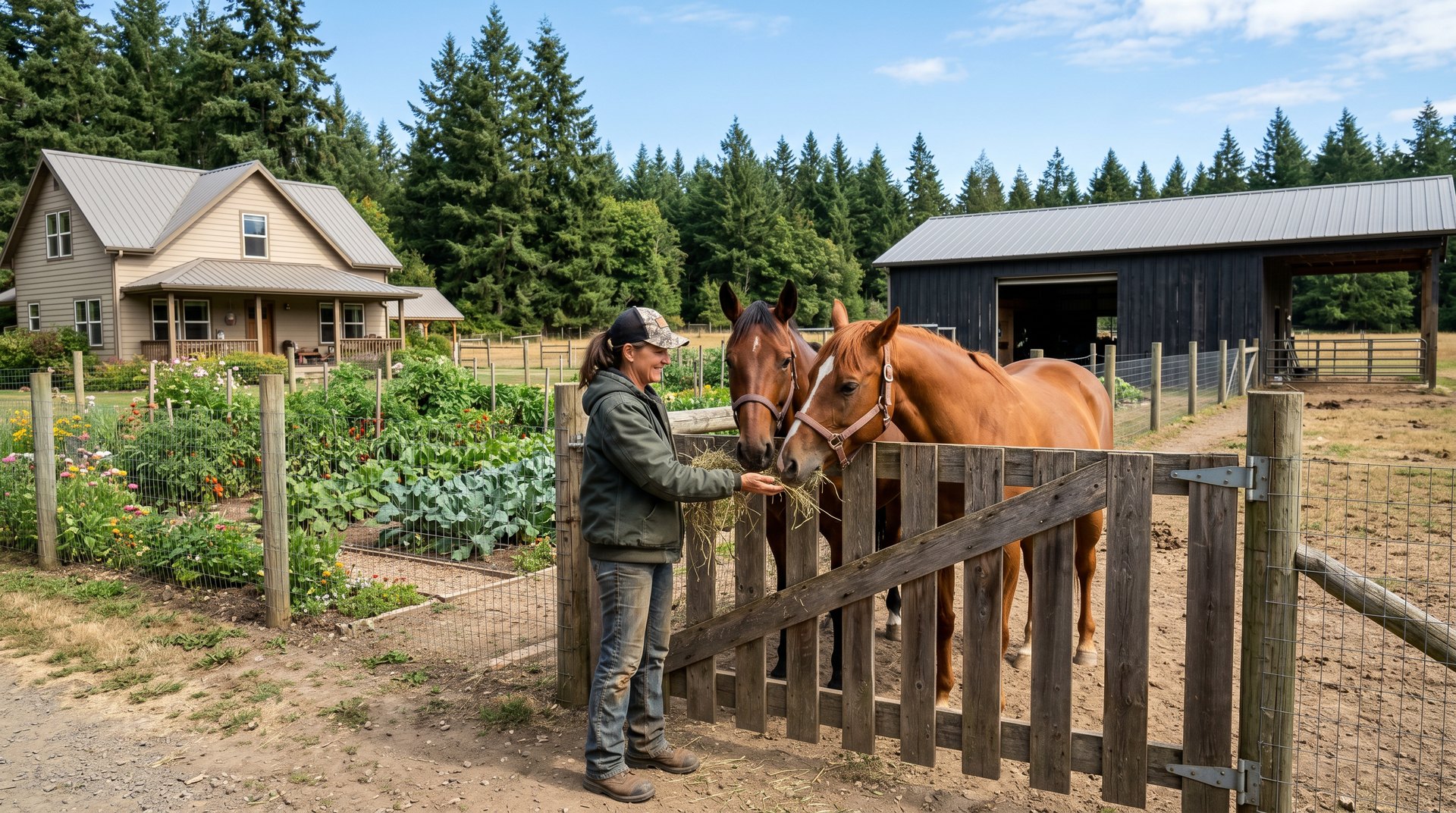 Woman feeding horses at a Custer WA hobby farm with a garden and shop building in the background