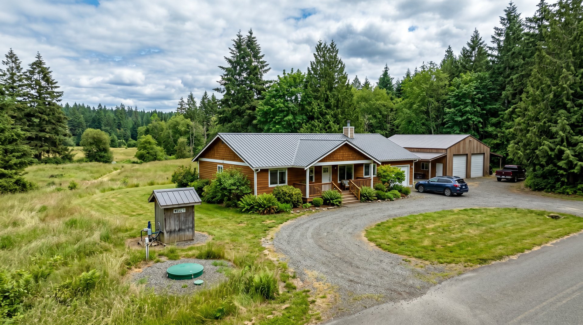 Single-story rural home on multi-acre lot in Custer WA showing well house and outbuilding