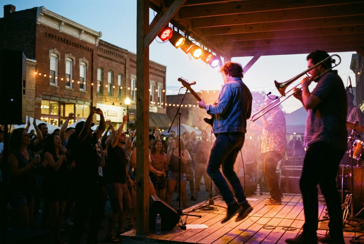 Live band performing on the Downtown Sounds street stage at dusk