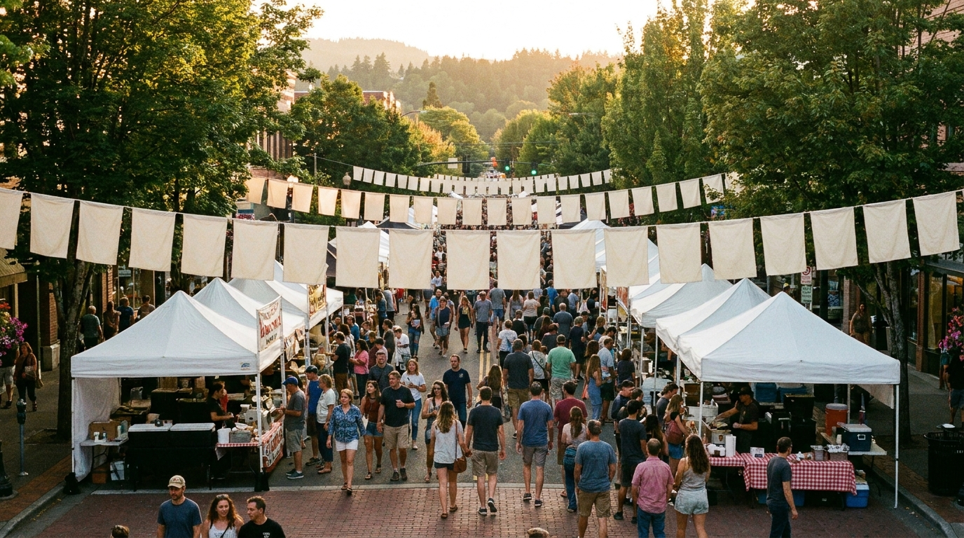 Golden-hour view down a historic brick downtown Bellingham street during a summer festival