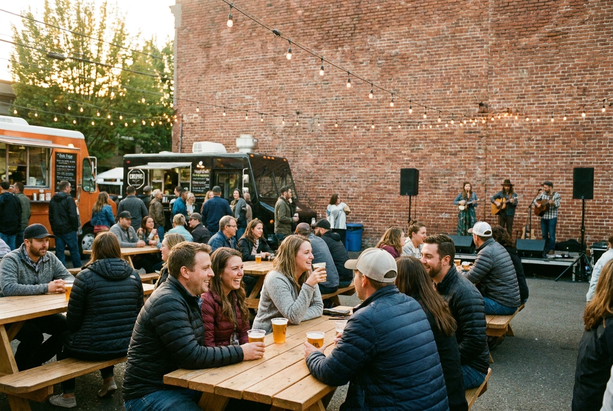 Beer, wine and cider garden at Downtown Sounds with warm string lights