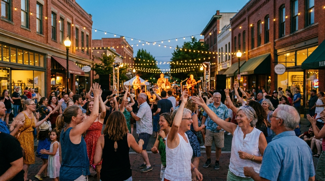 All-ages crowd dancing under warm string lights at Downtown Sounds in Bellingham