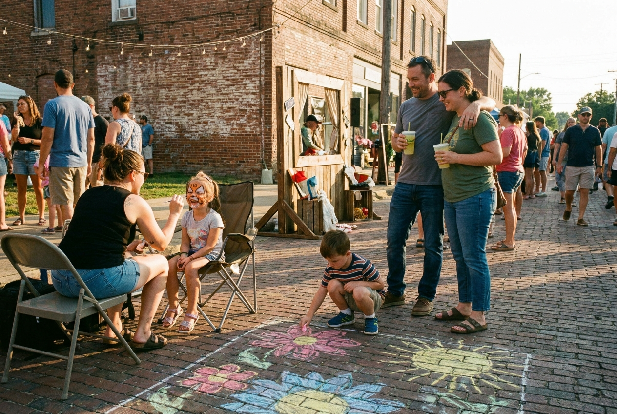 Kids getting face painting and drawing chalk art in the Family Alley at Downtown Sounds