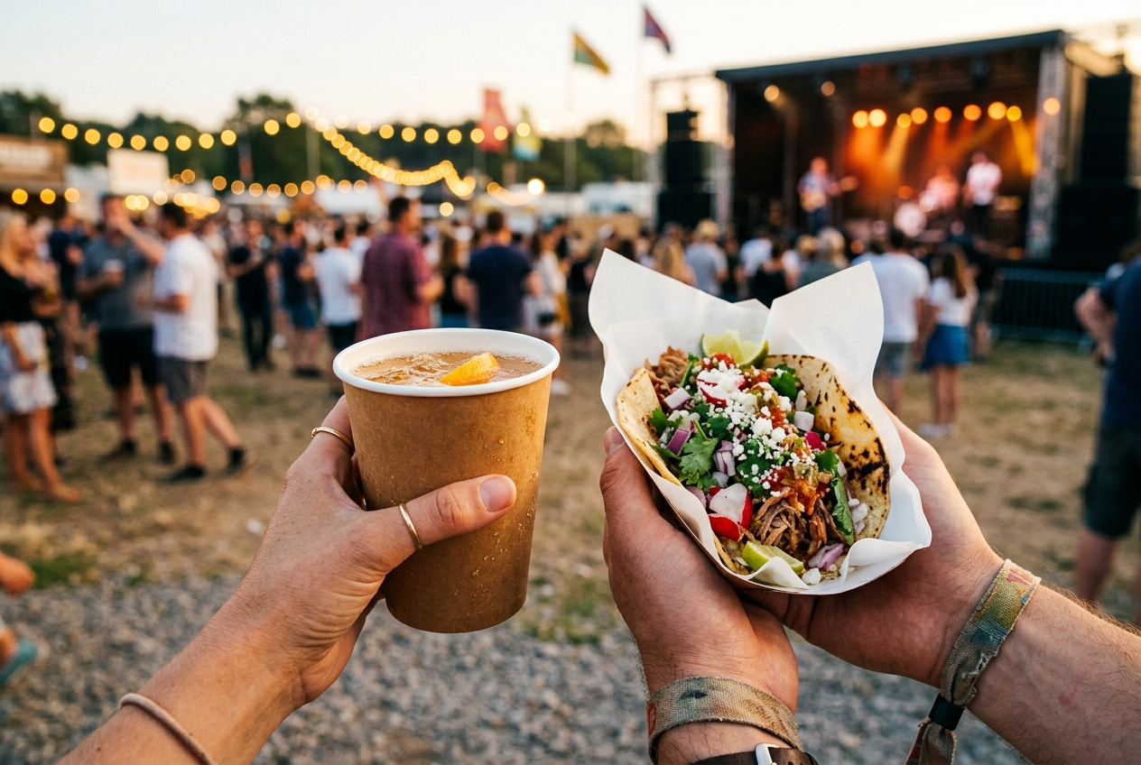 Hands holding local cider and a food-truck taco at Downtown Sounds