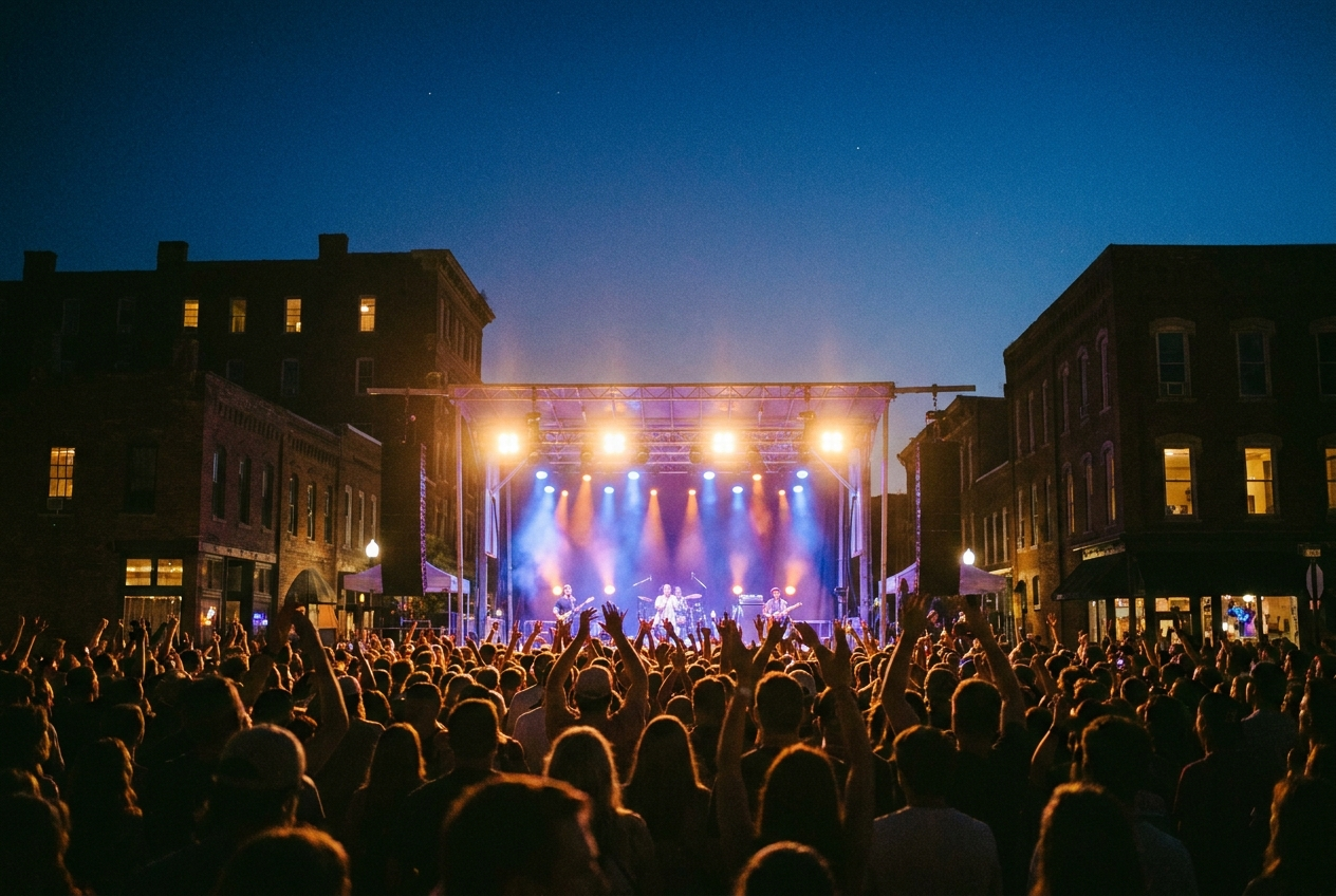 Downtown Sounds concert crowd silhouetted against a glowing stage at twilight
