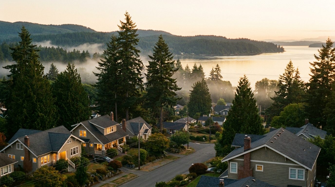 Golden-hour view of a Pacific Northwest neighborhood near Bellingham